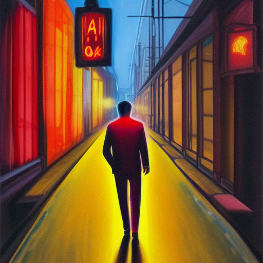 A figure walking down a red-lit neon light alleyway.