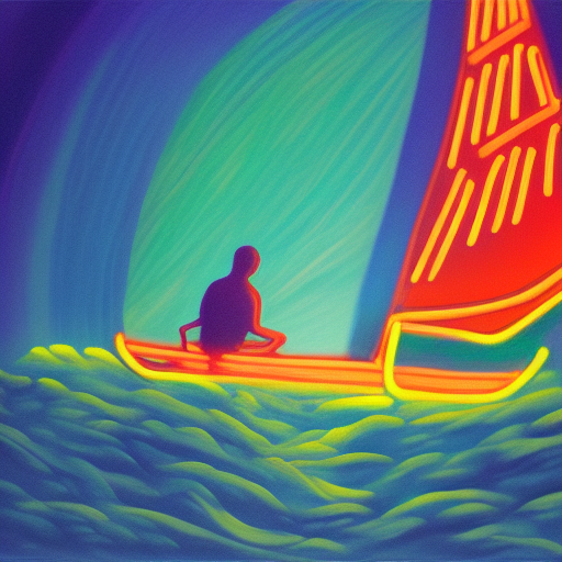 A figure sailing away on a neon tide.