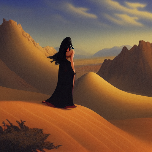 A woman with jet black hair stood overlooking the rolling dunes of a desert.