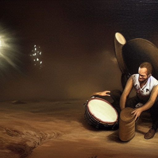 A man travelling through a wasteland, beating on a drum as he rests.