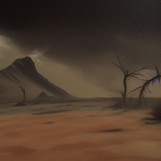 A dreary painting of a desolate brown and grey wasteland.