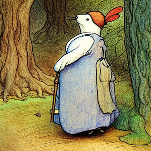 A children's illustration of a humanoid rabbit in a forest, marveling at the trees.