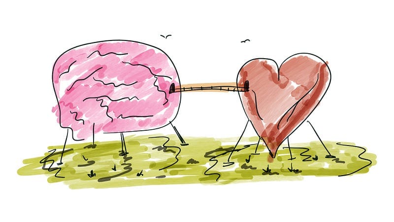 A brain and a heart connected by a bridge.