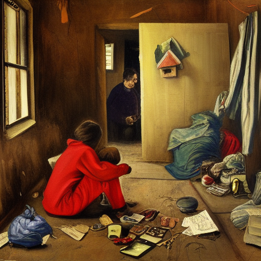 A disheveled room with a figure in all red, looked on by a judgemental person in the doorway.