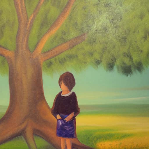 A child stood under an oak tree.