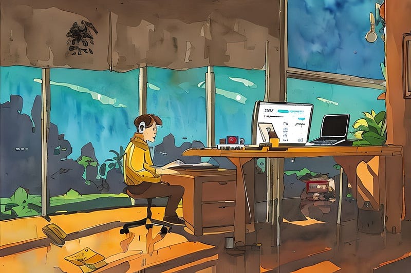 An artist sitting at a desk, coding. Painted in watercolor.