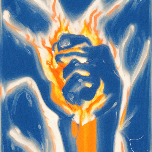 A fiery blue fist gripping at a heart.