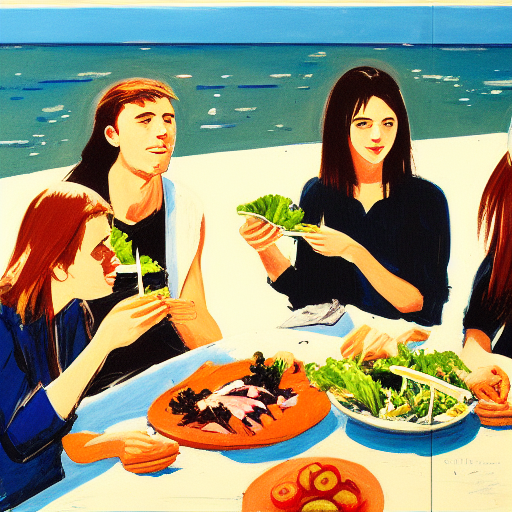 A painting of friends around a table by the sea, eating salad.