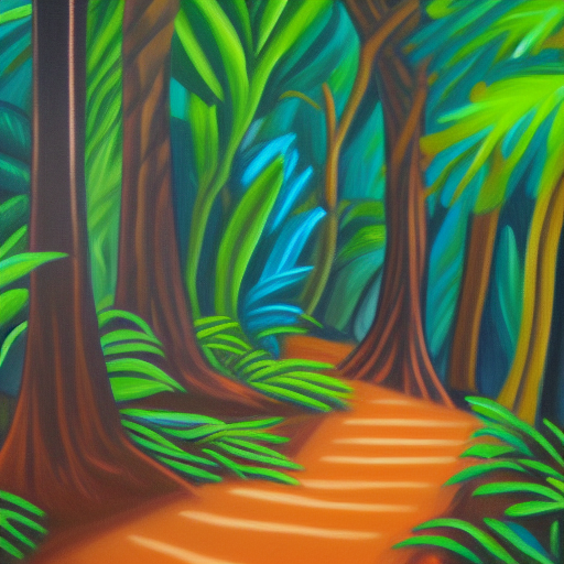 A well-trod pathway through a dense canopy of neon green flora.