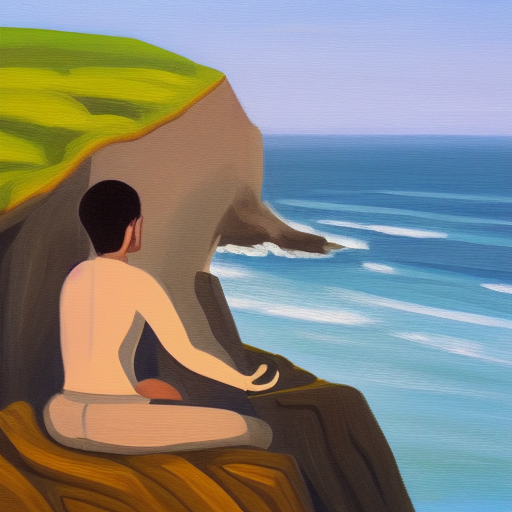 An individual sitting, meditating upon a hill overlooking the ocean.