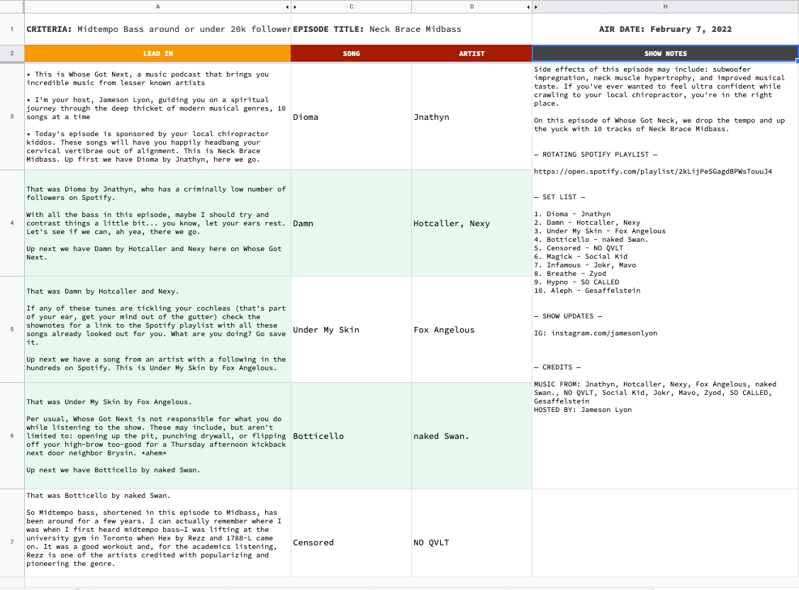 A screenshot of a Google Sheet with various crib notes for the show in it.